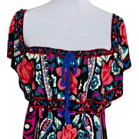Flying Tomato Boho Floral Off Shoulder Tunic Dress Size M Tassels Mini Coachella - Picture 4 of 11